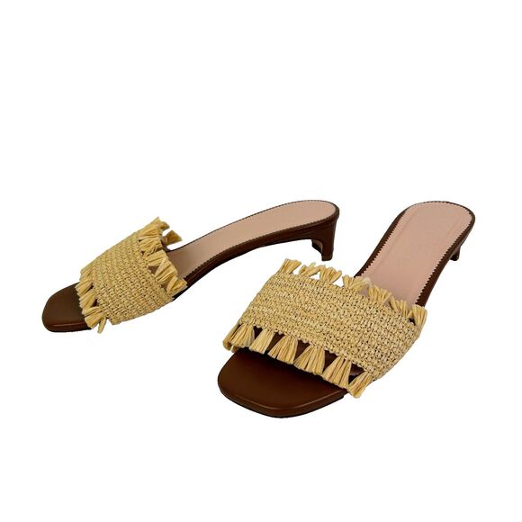 J.Crew Lina Kitten Heels Sandals Woven Raffia Fringe Natural Straw & Leather 9.5 - Picture 4 of 11